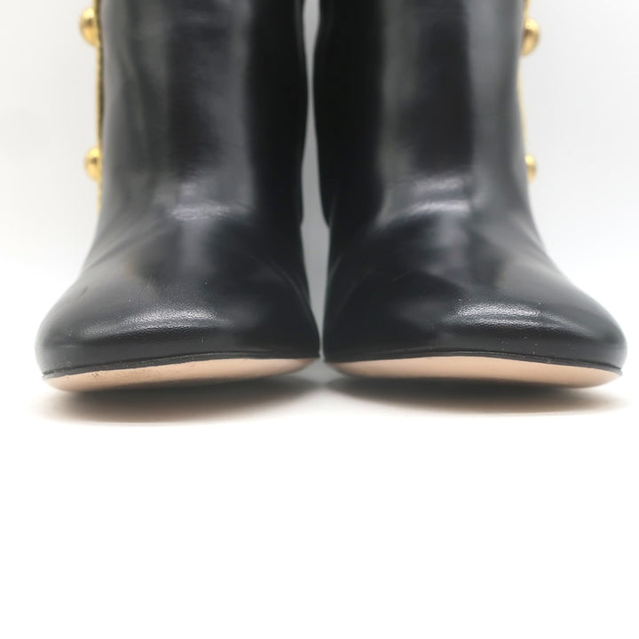 Gucci Carly Globe Buttoned Web Trim Mid-Calf Boots Black Leather Size 38