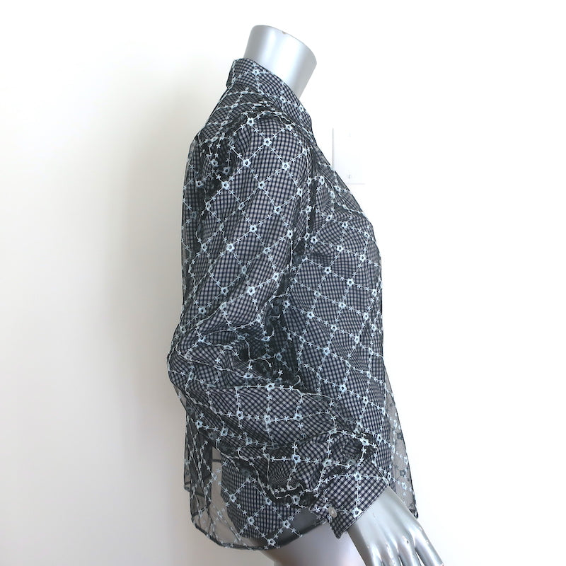 Sandy Liang Toney embroidered mesh-overlay top in navy gingham, authentic pre-owned women&