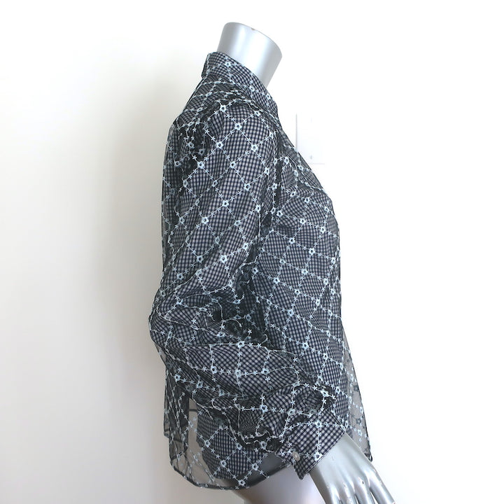 Sandy Liang Toney embroidered mesh-overlay top in navy gingham, authentic pre-owned women&