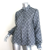 Sandy Liang Toney embroidered mesh-overlay top in navy gingham, cotton-lyocell; pre-owned, size 6.
