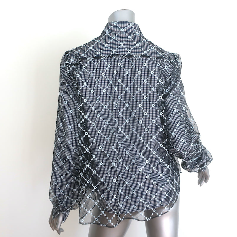 Sandy Liang Toney embroidered mesh-overlay top in navy gingham, cotton-lyocell blend, pre-owned, gently worn luxury piece