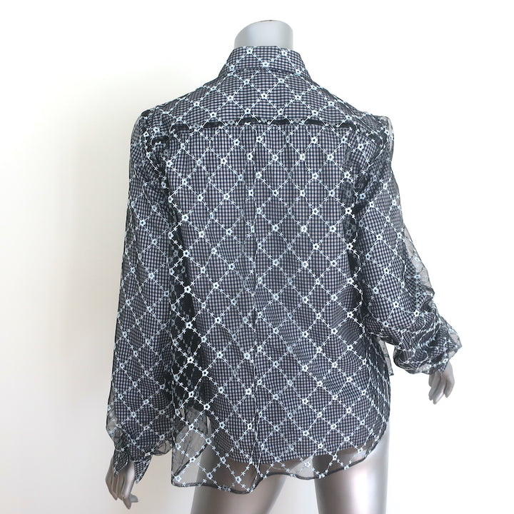 Sandy Liang Toney embroidered mesh-overlay top in navy gingham, cotton-lyocell blend, pre-owned, gently worn luxury piece