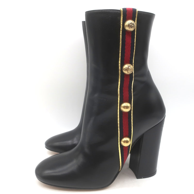 Gucci Carly Globe Buttoned Web Trim Mid-Calf Boots Black Leather Size 38