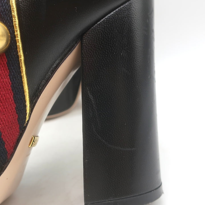 Gucci Carly Globe Buttoned Web Trim Mid-Calf Boots Black Leather Size 38