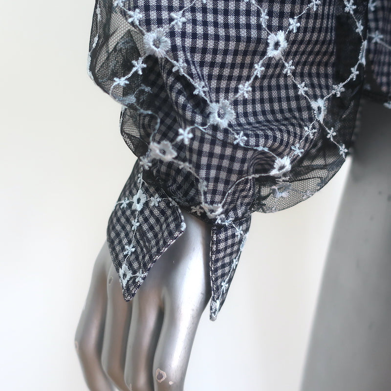 Sandy Liang Toney embroidered mesh-overlay top, navy gingham cotton-lyocell, authentic pre-owned designer piece