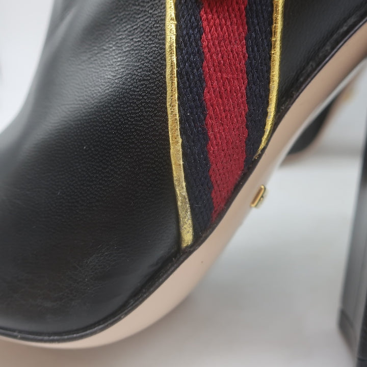 Gucci Carly Globe Buttoned Web Trim Mid-Calf Boots Black Leather Size 38