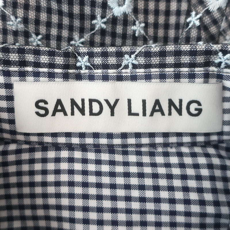 Sandy Liang Toney embroidered mesh-overlay top in navy gingham, authentic designer pre-owned, gently worn.