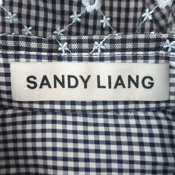 Sandy Liang Toney embroidered mesh-overlay top in navy gingham, authentic designer pre-owned, gently worn.