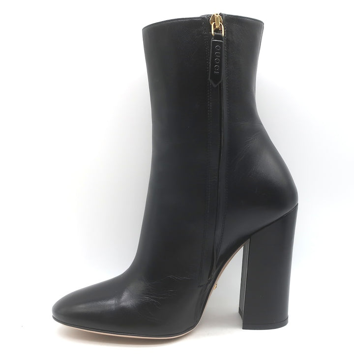 Gucci Carly Globe Buttoned Web Trim Mid-Calf Boots Black Leather Size 38