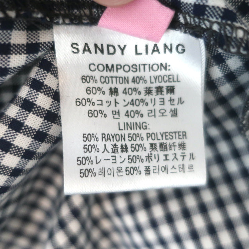 Sandy Liang Toney embroidered mesh-overlay top, navy gingham cotton-lyocell, size 6, pre-owned luxury piece