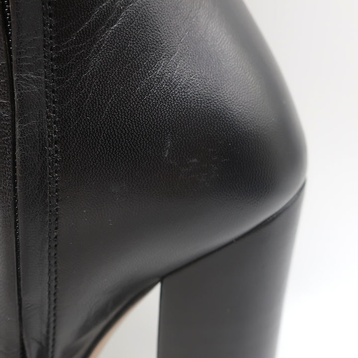 Gucci Carly Globe Buttoned Web Trim Mid-Calf Boots Black Leather Size 38