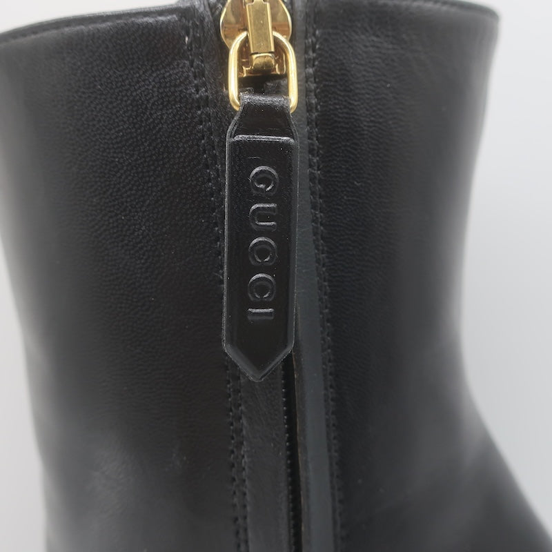 Gucci Carly Globe Buttoned Web Trim Mid-Calf Boots Black Leather Size 38