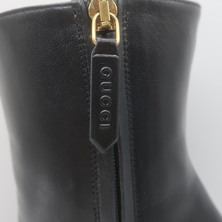 Gucci Carly Globe Buttoned Web Trim Mid-Calf Boots Black Leather Size 38