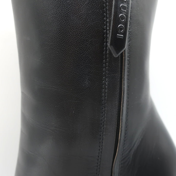 Gucci Carly Globe Buttoned Web Trim Mid-Calf Boots Black Leather Size 38