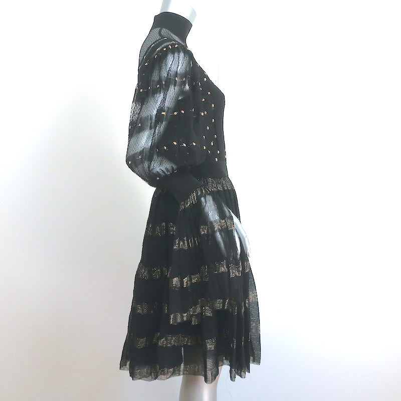 Alexander McQueen Turtleneck Dress Black/Gold Metallic-Striped Lace Size 42