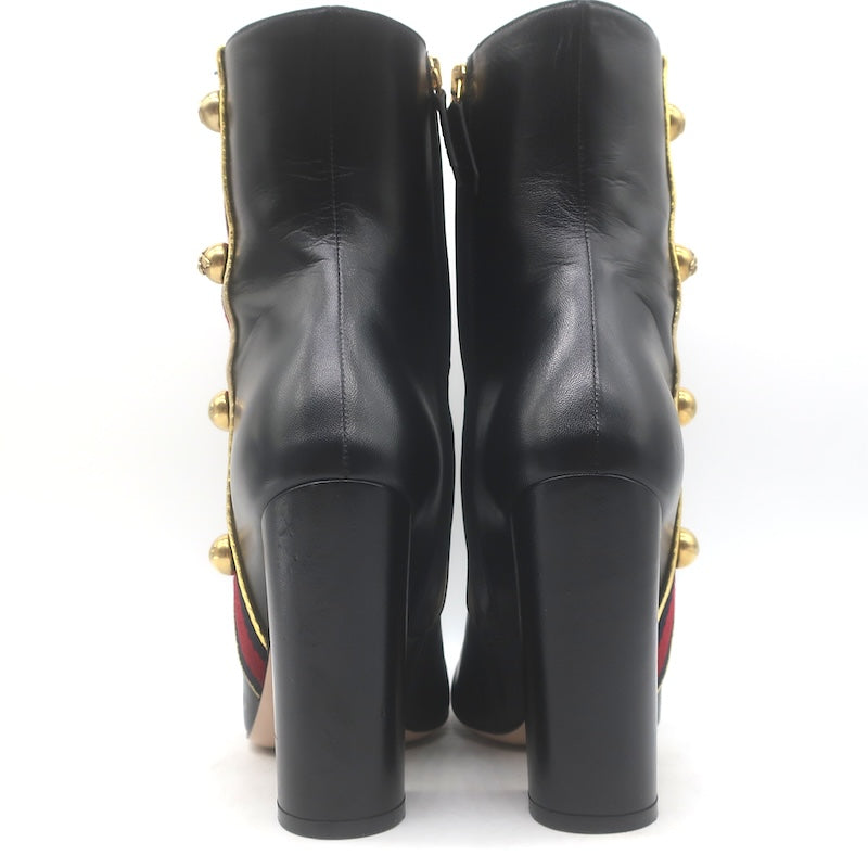 Gucci Carly Globe Buttoned Web Trim Mid-Calf Boots Black Leather Size 38