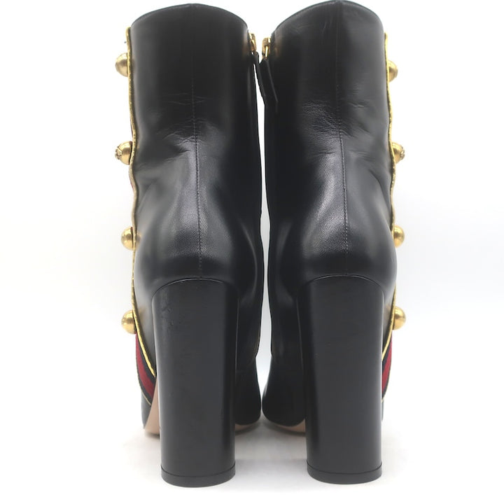 Gucci Carly Globe Buttoned Web Trim Mid-Calf Boots Black Leather Size 38