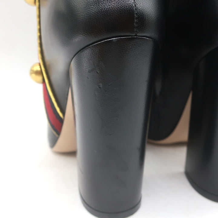 Gucci Carly Globe Buttoned Web Trim Mid-Calf Boots Black Leather Size 38