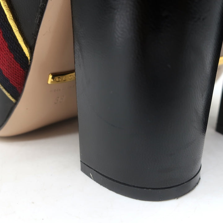 Gucci Carly Globe Buttoned Web Trim Mid-Calf Boots Black Leather Size 38