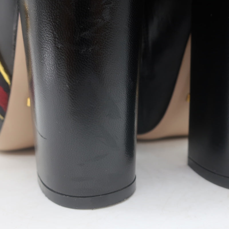 Gucci Carly Globe Buttoned Web Trim Mid-Calf Boots Black Leather Size 38