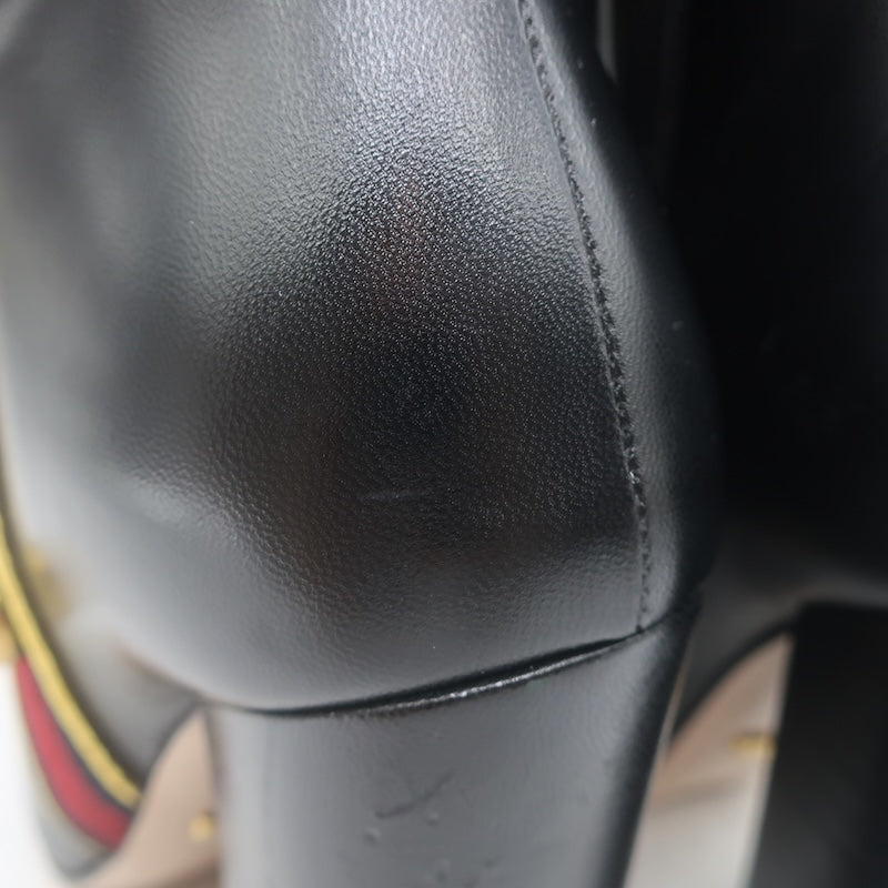 Gucci Carly Globe Buttoned Web Trim Mid-Calf Boots Black Leather Size 38