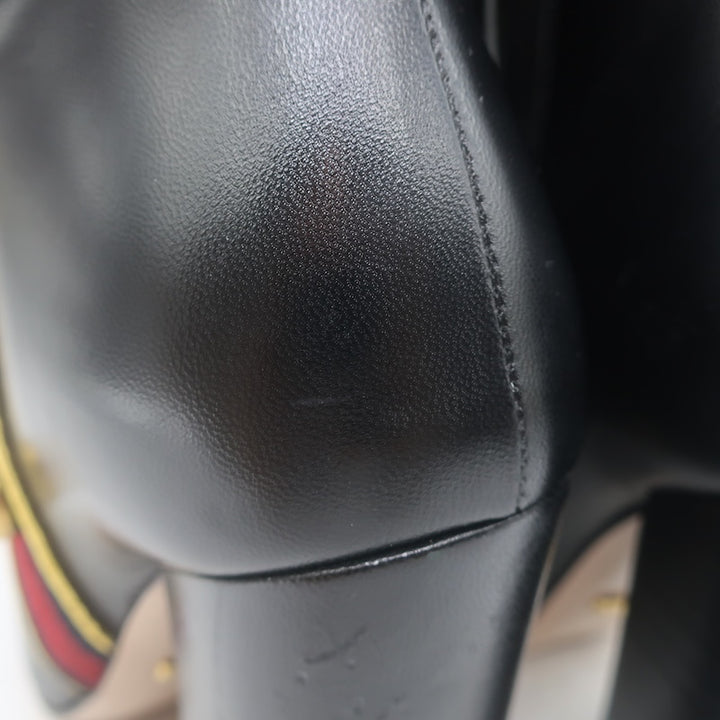 Gucci Carly Globe Buttoned Web Trim Mid-Calf Boots Black Leather Size 38