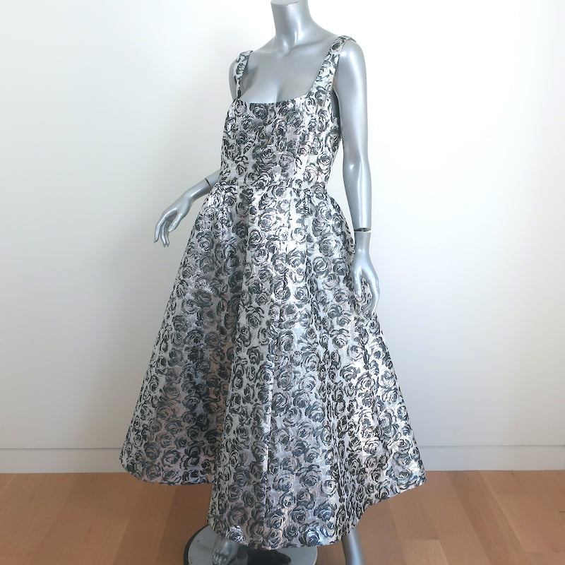Carolina Herrera Metallic Floral Jacquard Gown Silver Size 8