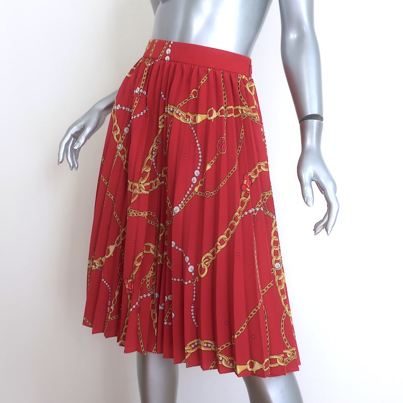 Balenciaga Sunray Pleated Skirt Red Chain Print Crepe de Chine Size 42