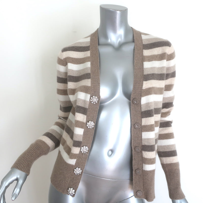 Authentic GANNI crystal-button striped cashmere cardigan in beige and cream, pre-owned, size XS