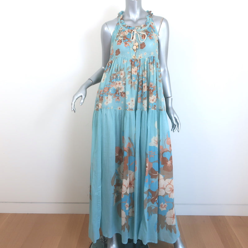 Yvonne S Tiered Maxi Dress Light Blue Floral Print Cotton Voile Size M Celebrity Owned Yvonne S Tiered Maxi Dress Light Blue Floral Print Cotton Voile Size M Celebrity Owned