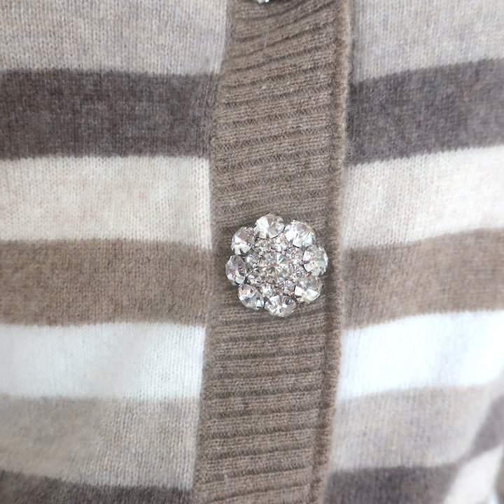 GANNI crystal-button striped cashmere cardigan in beige and cream, size XS, authentic pre-owned, gently worn luxury piece