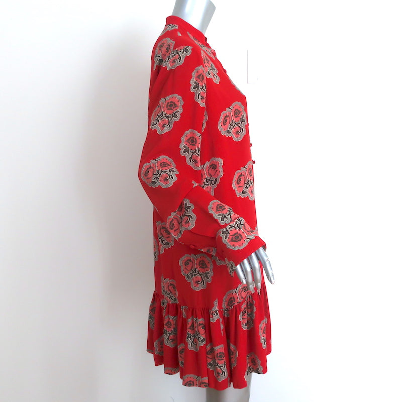 Alexander McQueen Drop Waist Mini Dress Red Poppy Print Silk Crepe Size 46