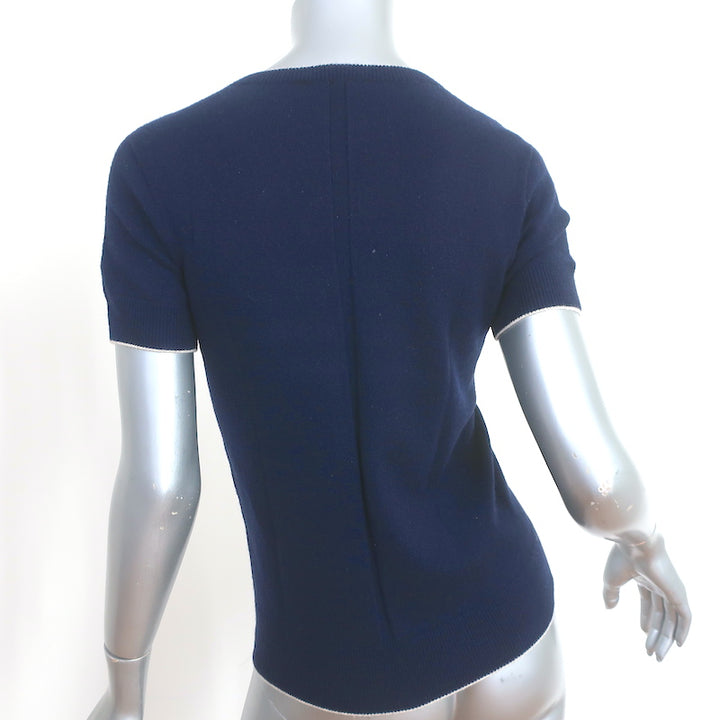 The Row Short Sleeve Sweater Top Navy Piped Knit Size Small