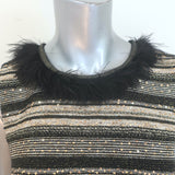 St. John Couture Feather-Trimmed Sequined Striped Knit Dress Gold/Black Size 6