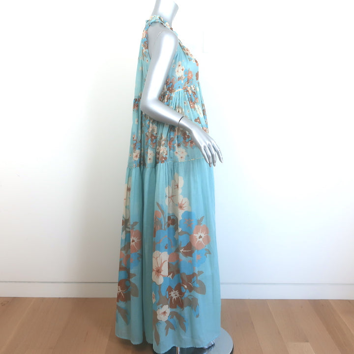 Yvonne S Tiered Maxi Dress Light Blue Floral Print Cotton Voile Size Medium