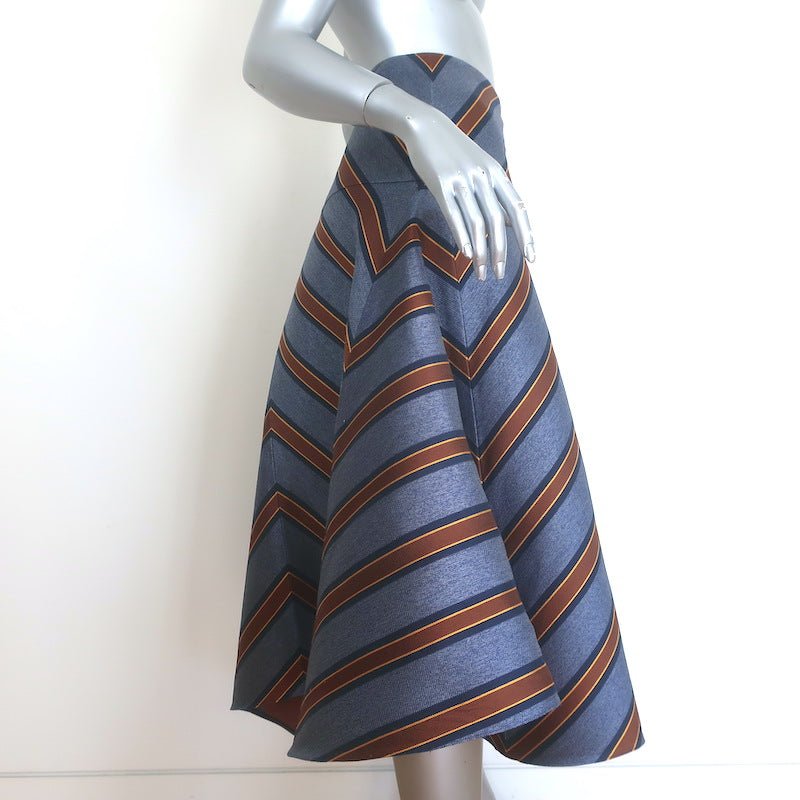 Fendi Striped Satin Jacquard Flared Midi Skirt Blue Silk-Blend Size 46