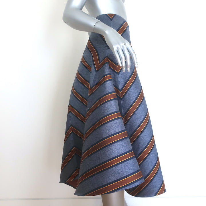 Fendi Striped Satin Jacquard Flared Midi Skirt Blue Silk-Blend Size 46