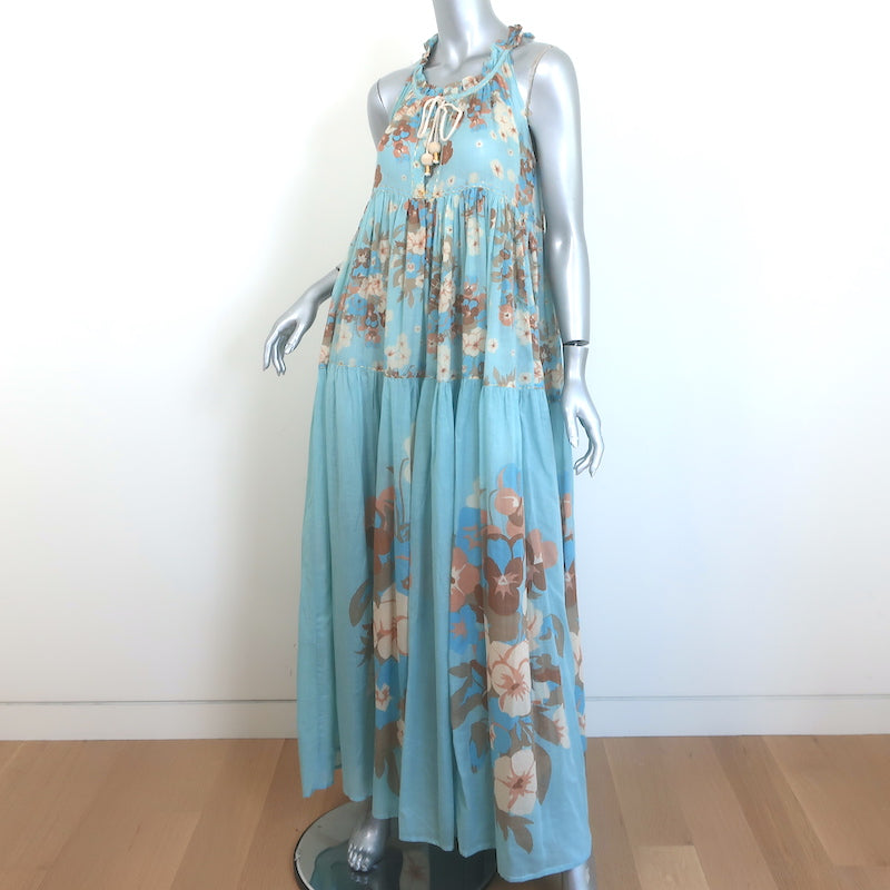Yvonne S Tiered Maxi Dress Light Blue Floral Print Cotton Voile Size Medium