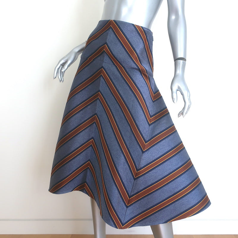 Fendi Striped Satin Jacquard Flared Midi Skirt Blue Silk-Blend Size 46