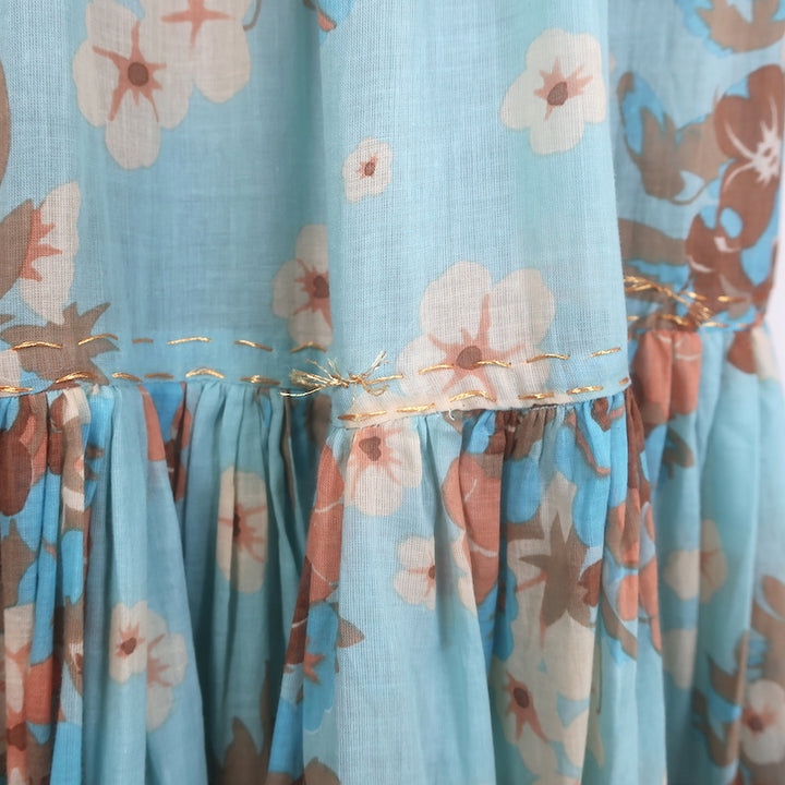 Yvonne S Tiered Maxi Dress Light Blue Floral Print Cotton Voile Size Medium