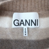 1. GANNI crystal-button striped cashmere cardigan in beige and cream, pre-owned luxury piece 2. GANNI crystal-button detail on beige cashmere cardigan, pre-owned designer piece 3. GANNI striped cashmere cardigan in beige and cream, pre-owned elegant designer knit