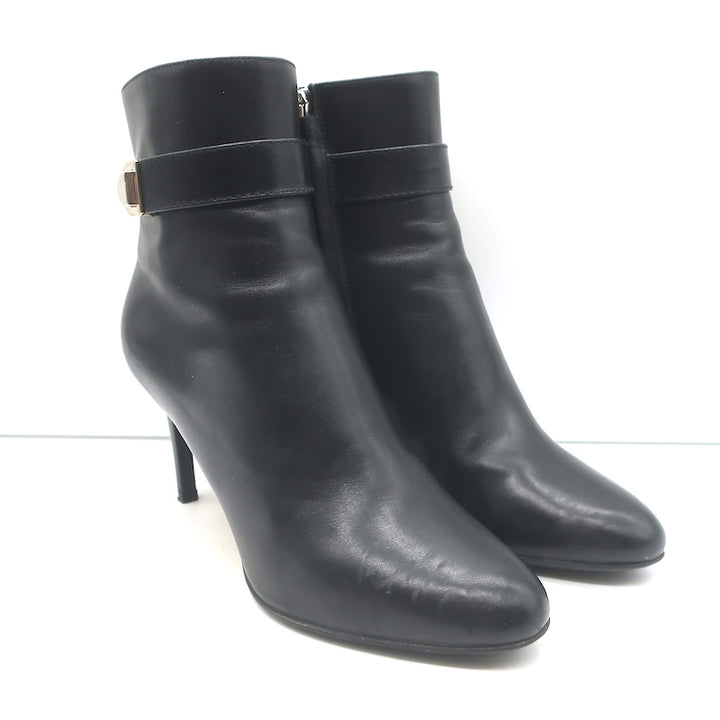 Christian Dior Blason Buckle Ankle Boots Black Leather Size 37 High Heel Booties