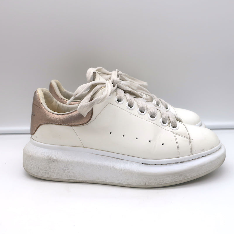 Alexander McQueen Oversized Sneakers White &amp; Rose Gold Metallic Leather Size 37