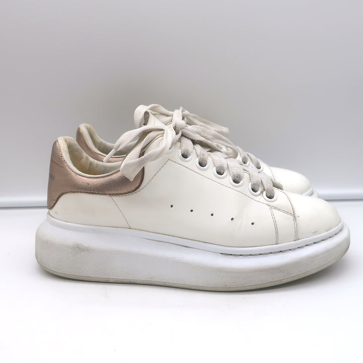Alexander McQueen Oversized Sneakers White &amp; Rose Gold Metallic Leather Size 37