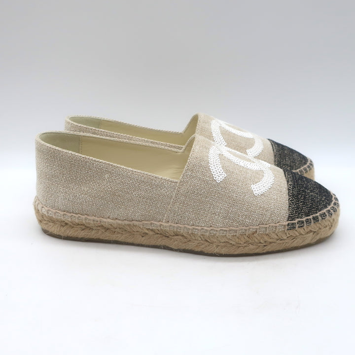 Chanel Sequin CC Cap Toe Espadrilles Beige &amp; Black Canvas Size 37 NEW