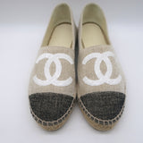 Chanel Sequin CC Cap Toe Espadrilles Beige & Black Canvas Size 37 NEW