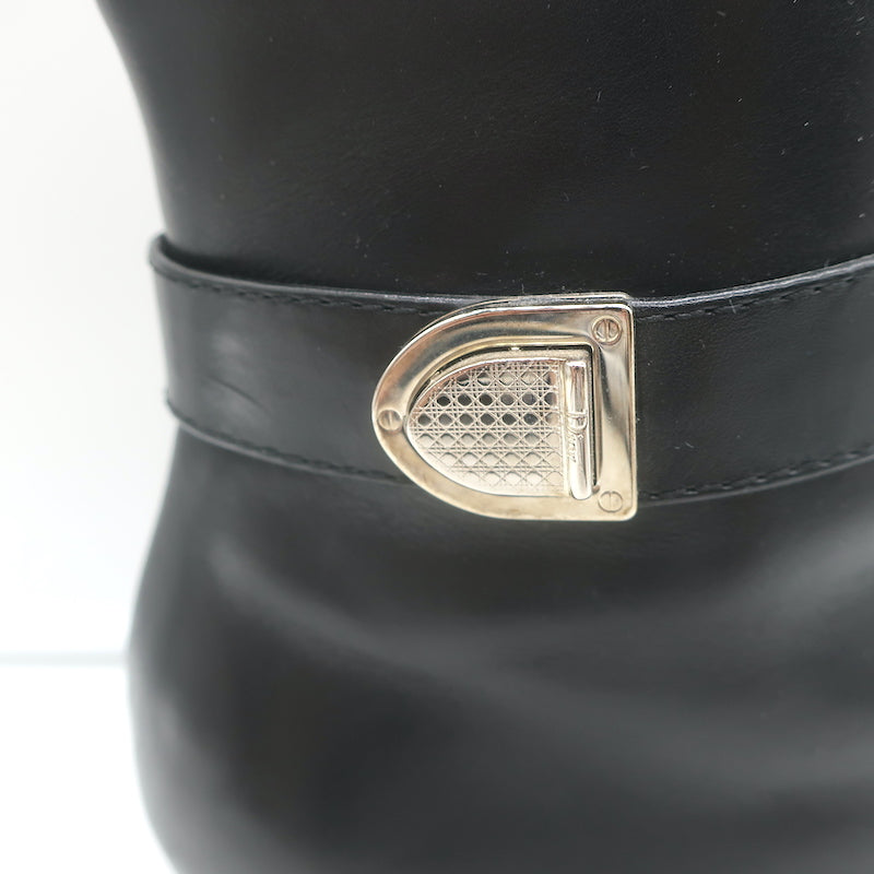 Christian Dior Blason Buckle Ankle Boots Black Leather Size 37 High Heel Booties