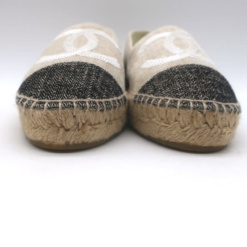 Chanel Sequin CC Cap Toe Espadrilles Beige &amp; Black Canvas Size 37 NEW