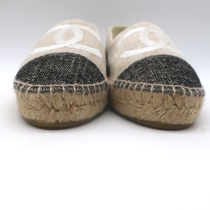 Chanel Sequin CC Cap Toe Espadrilles Beige &amp; Black Canvas Size 37 NEW