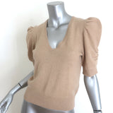 FRAME Frankie cashmere puff-sleeve V-neck sweater in caramel heather, gently pre-owned luxury knit, size Small.